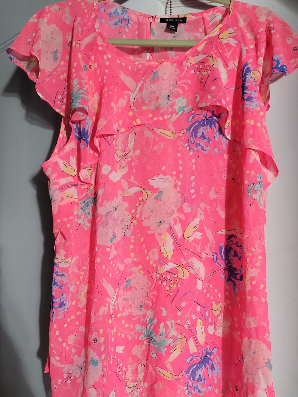 I Heart Ronson Neon Pink Floral Ruffle Blouse